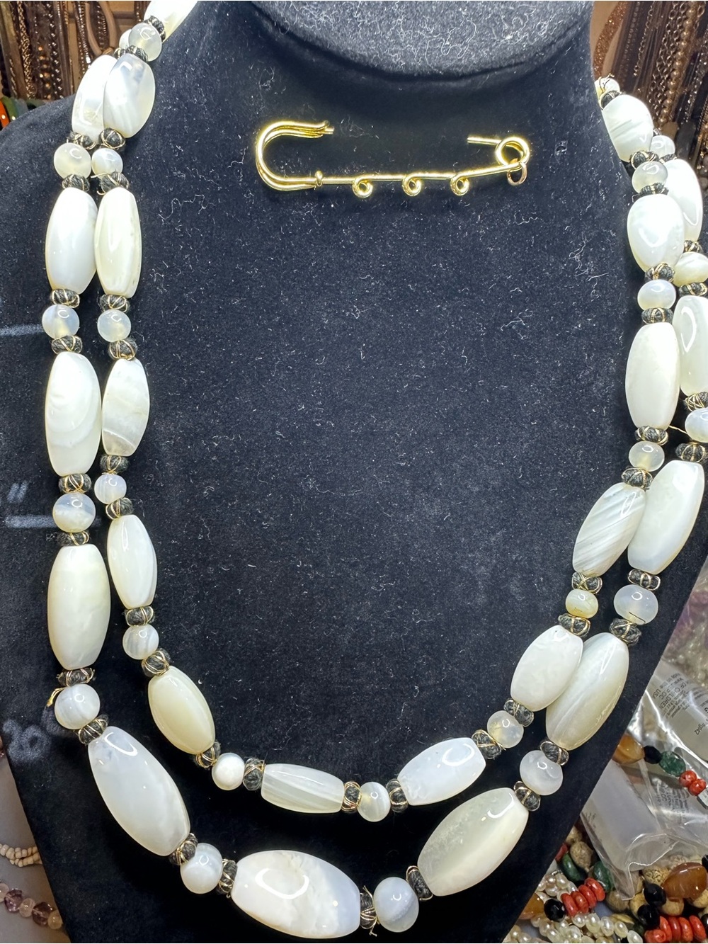 Vintage Siam Stones Thailand Banded White Agate Bead Knotted Necklace